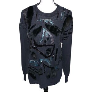 Vtg 80s 90s Spree Beaded Sweater Fur Glitter Black Victorian Velvet